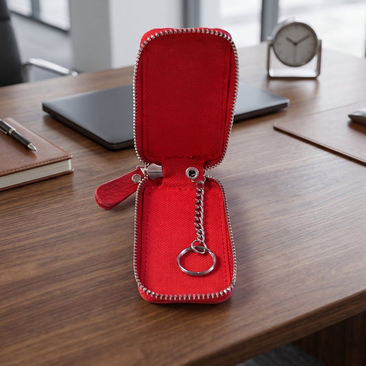 Red PU leather zip car key case with snap hook, view 2