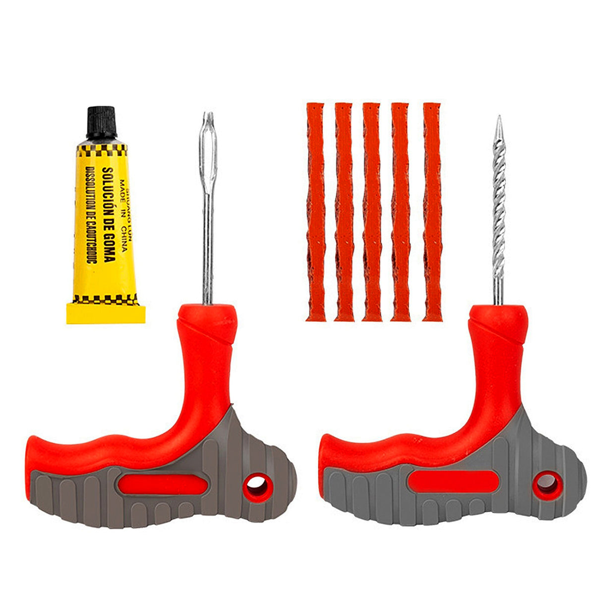 Tubeless tyre repair kit with T-handle reamer, probe, glue and repair strings, view 4