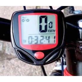 Wired bicycle computer with display, handlebar mount, sensor and spoke magnet, view 2