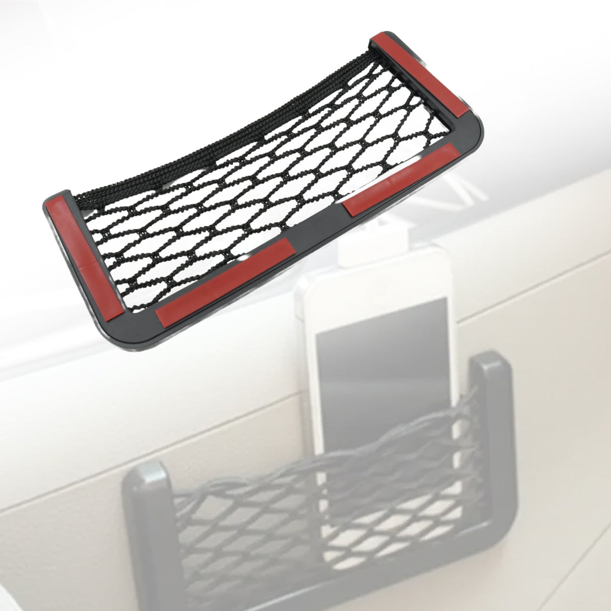 Stick-on mesh storage pocket holding a phone on a car seat side, view 4