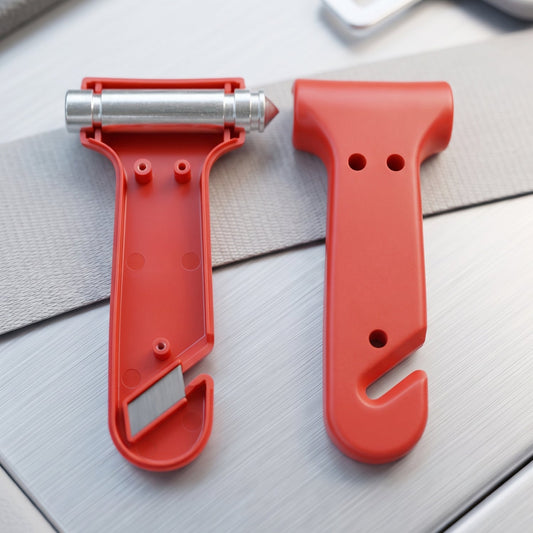 Red 2 in 1 car safety hammer with window breaker and seatbelt cutter, view 2