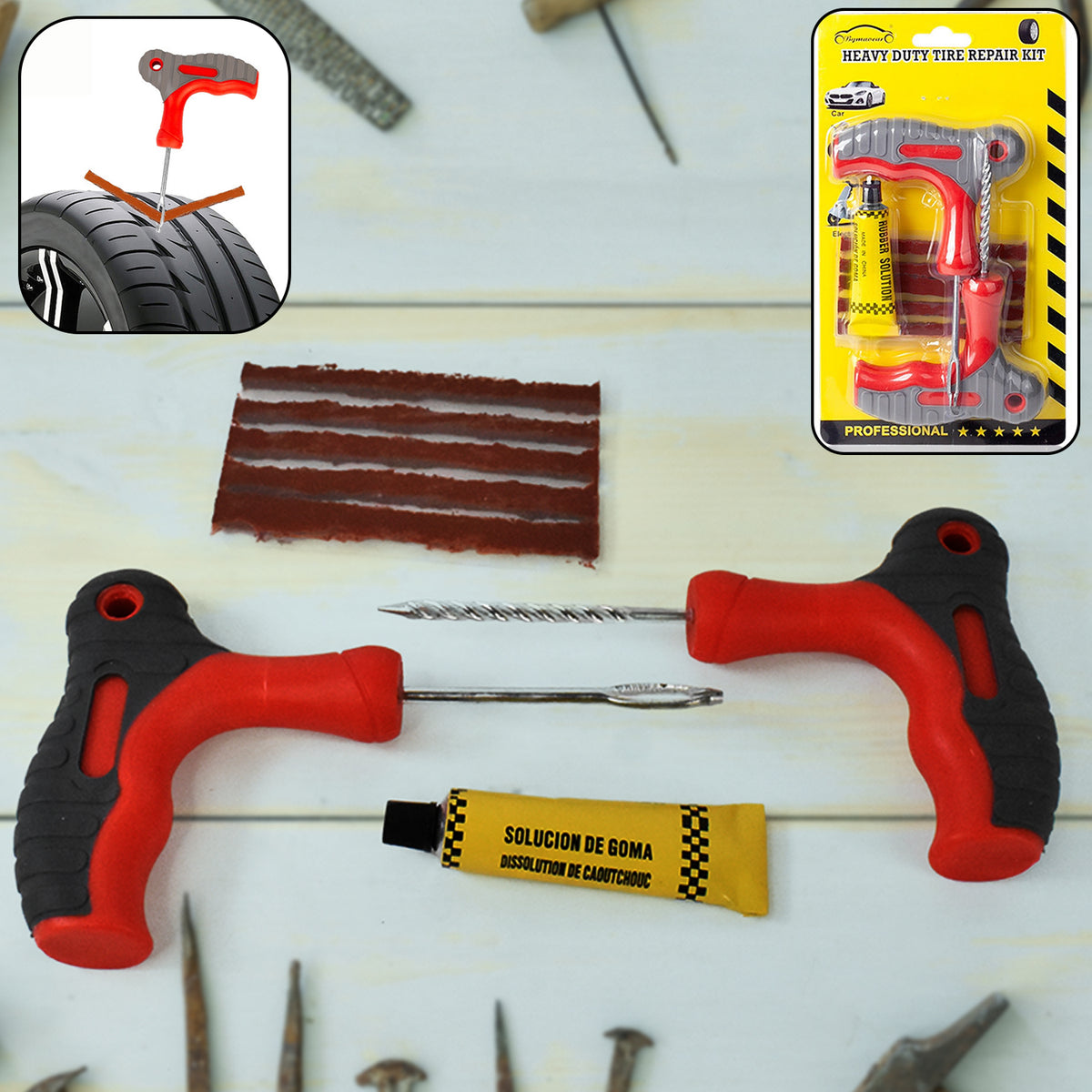 Tubeless tyre repair kit with T-handle reamer, probe, glue and repair strings