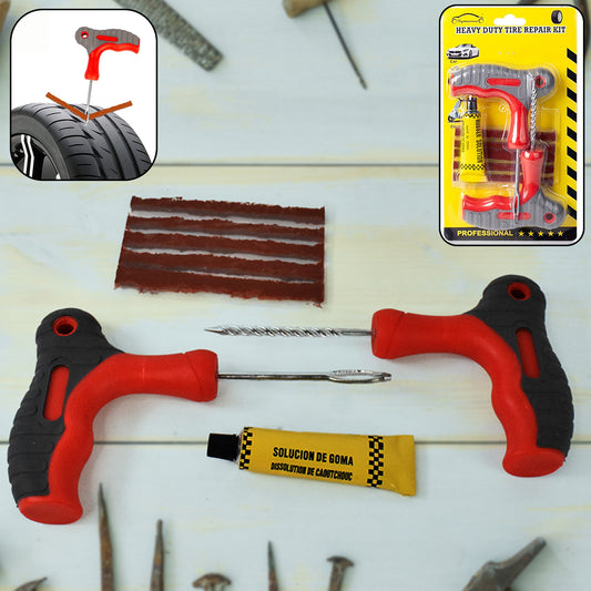 Tubeless tyre repair kit with T-handle reamer, probe, glue and repair strings