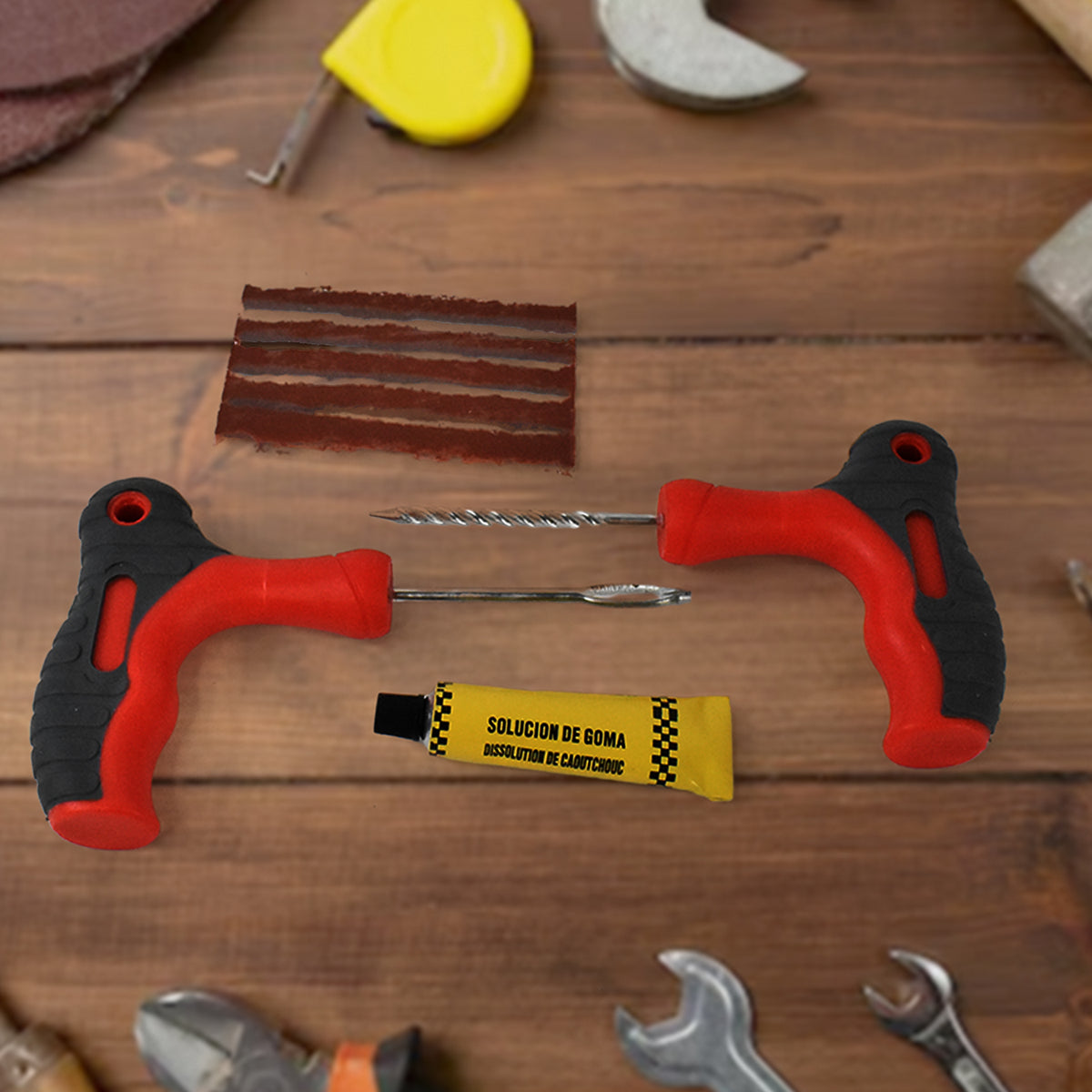 Tubeless tyre repair kit with T-handle reamer, probe, glue and repair strings, view 3