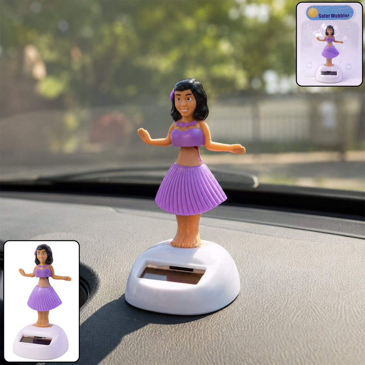 Solar powered dancing hula girl doll in purple dress on car dashboard