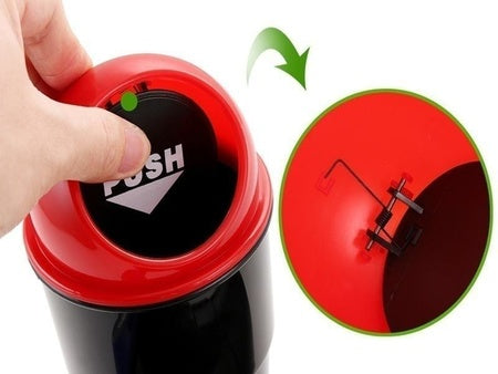 Mini car dustbin with lid placed in a car cup holder