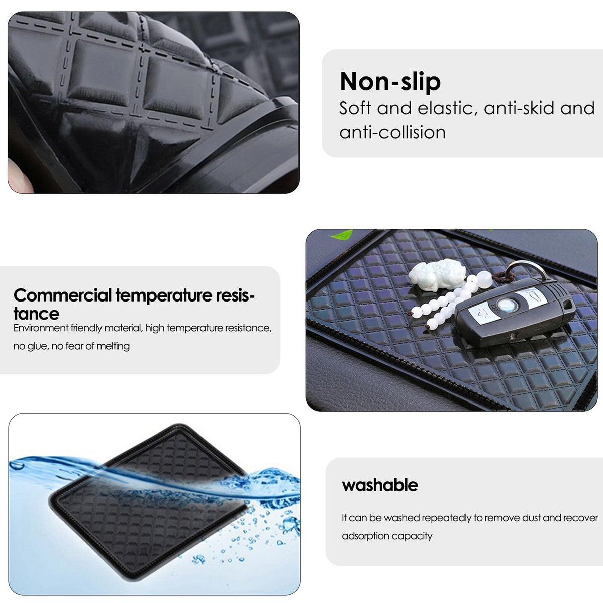 Black anti-slip gel mat on a car dashboard holding a phone and keys, view 5
