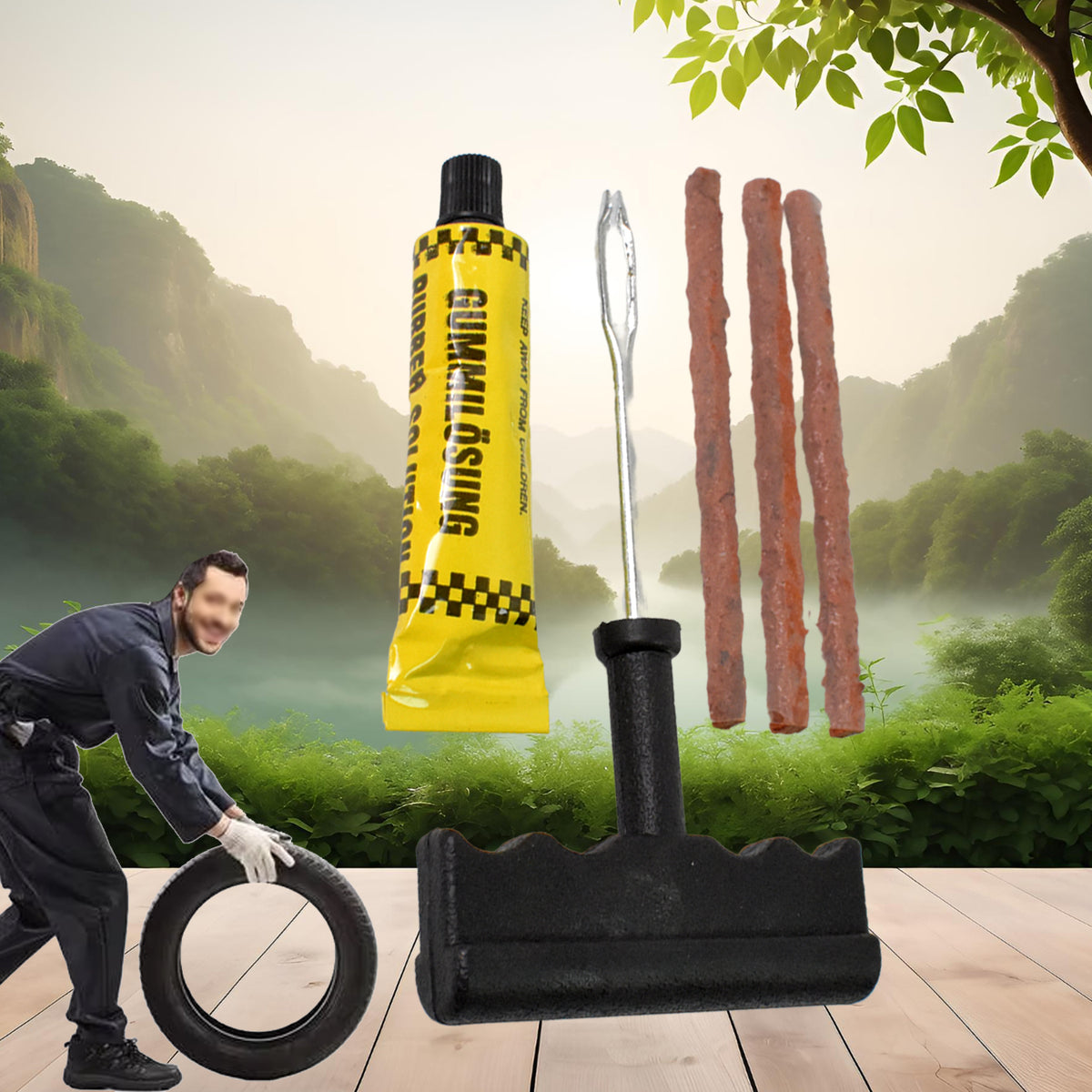 Tyre puncture repair kit with T-handle plugger, rubber solution and seal strips, view 5