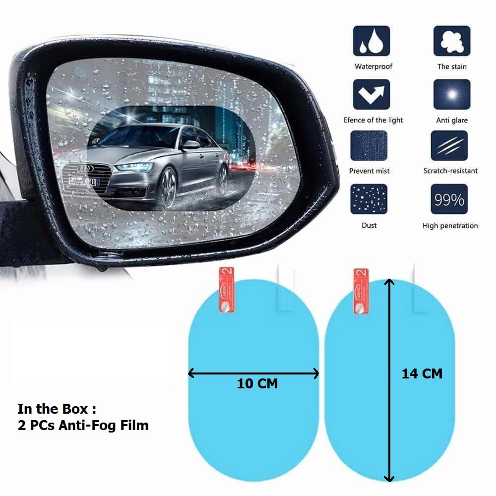 Clear anti-fog rain film applied to a car side mirror