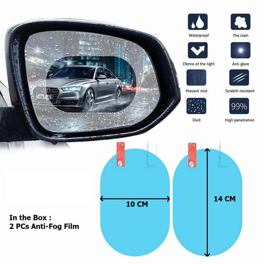 Clear anti-fog rain film applied to a car side mirror