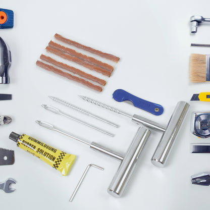 13-piece tubeless tyre puncture repair kit with rasp tool, needle and strings in a box, view 4