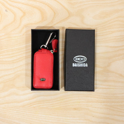 Red PU leather zip car key case with snap hook, view 6