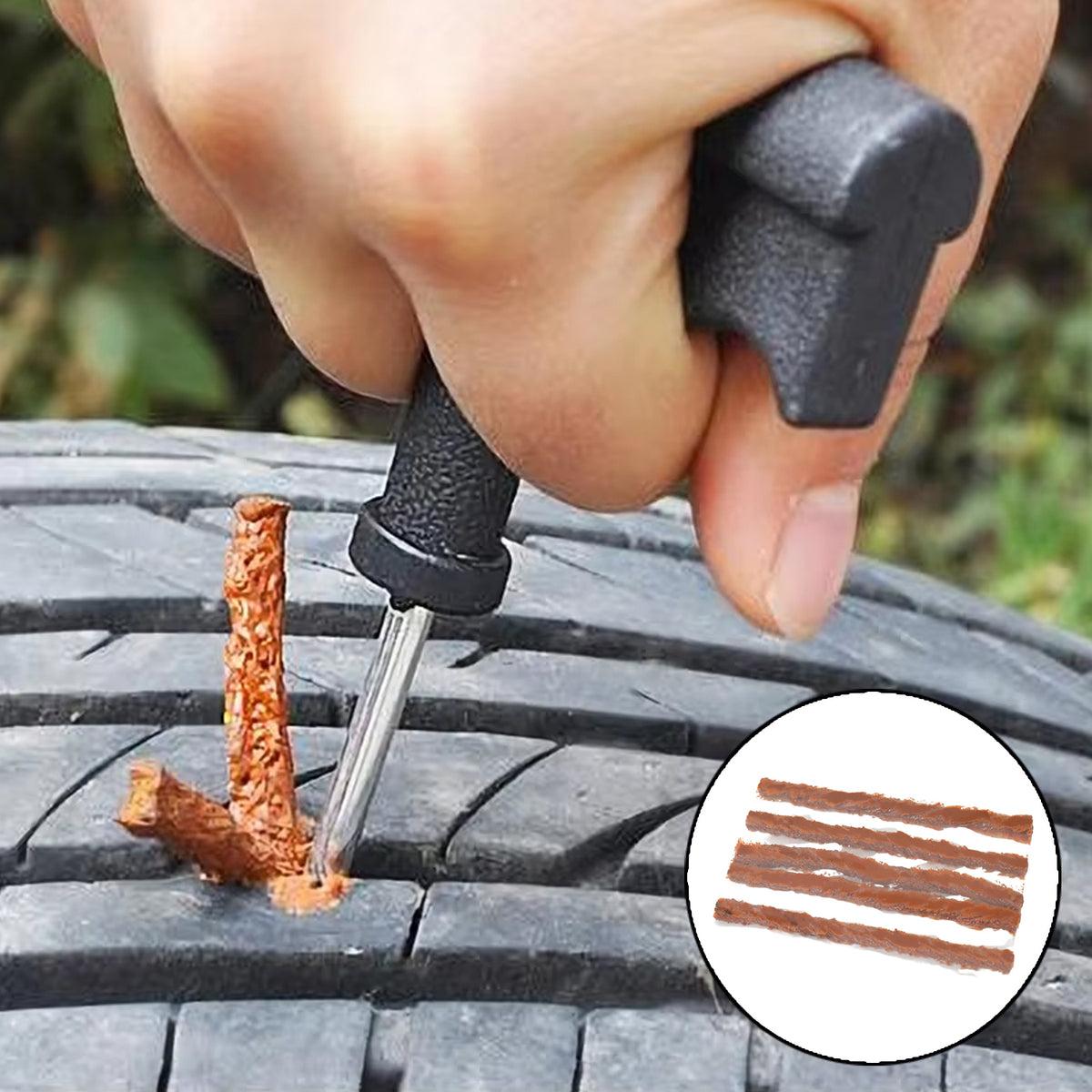 Tubeless tyre puncture repair kit with T-handle tools and rubber strips, view 4