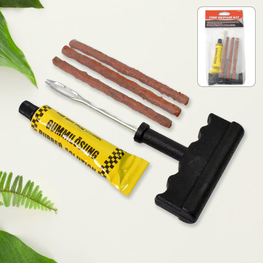 Tyre puncture repair kit with T-handle plugger, rubber solution and seal strips