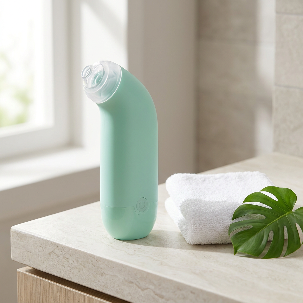 Mini vacuum pore cleaner in mint green on a bathroom counter