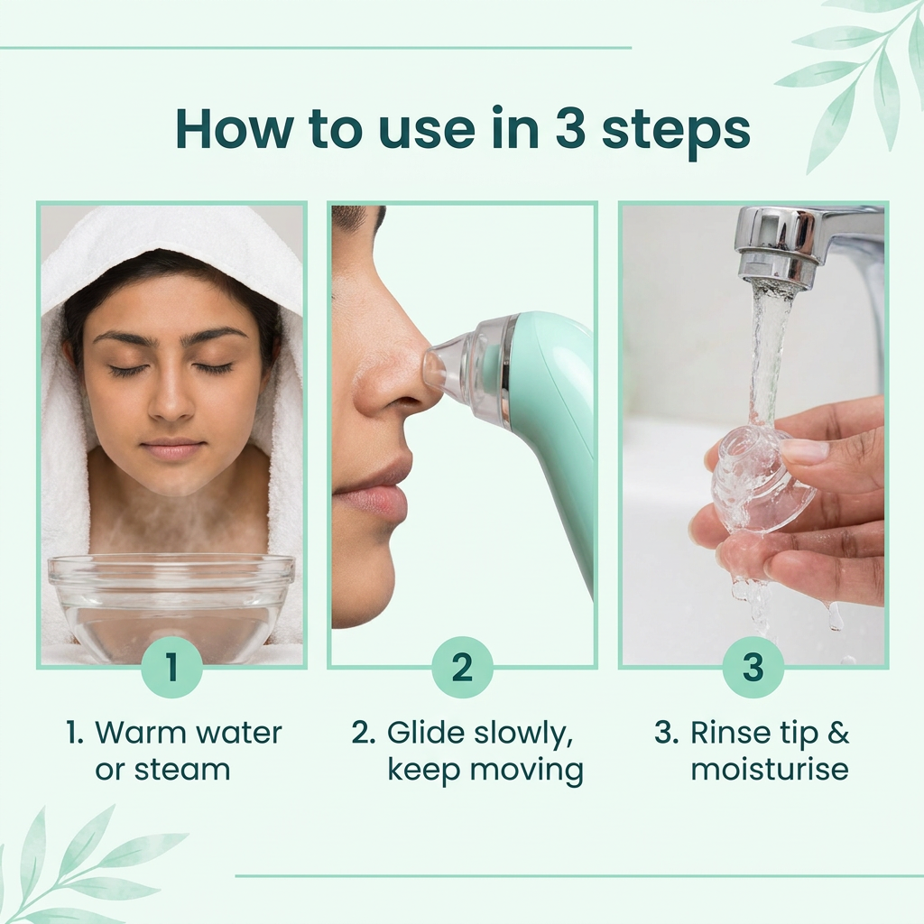 How to use in 3 steps: warm water or steam, glide slowly, rinse tip and moisturise