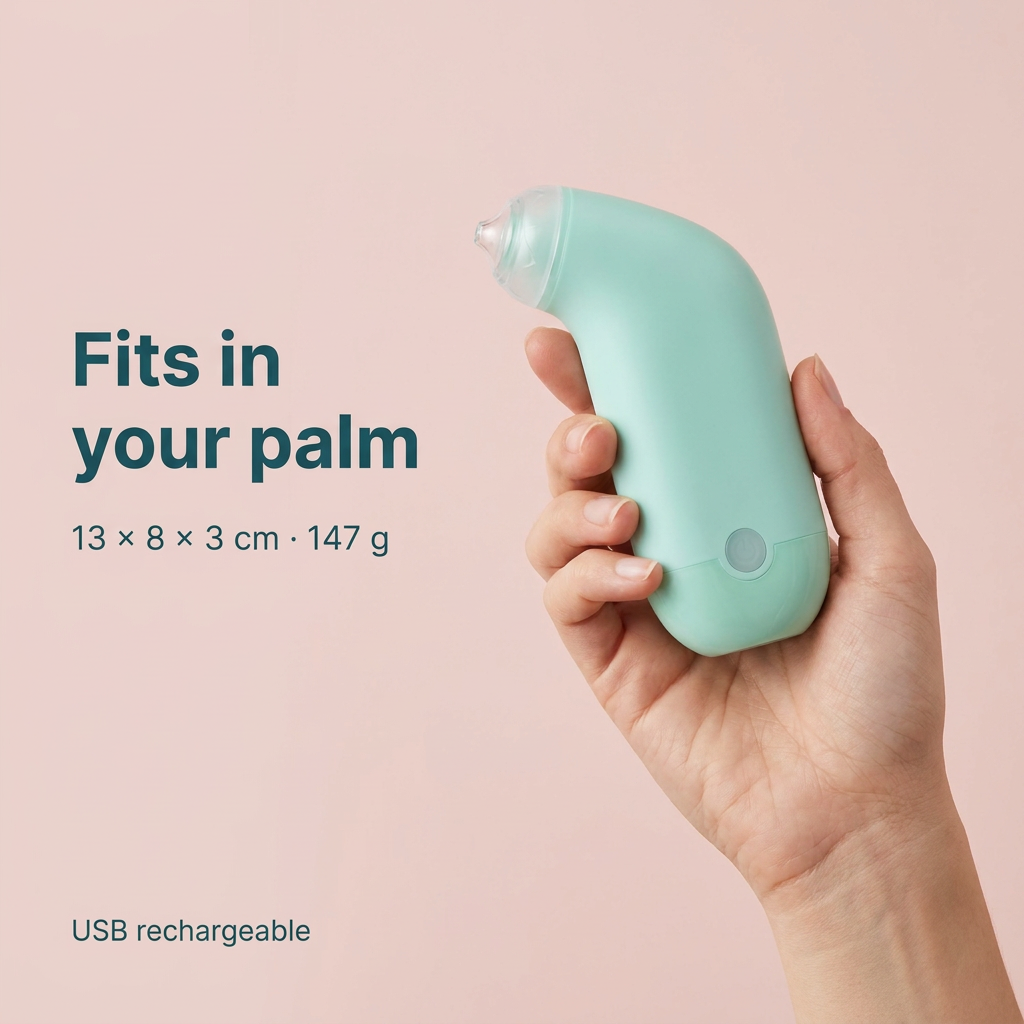 Pore cleaner held in a hand, 13 x 8 x 3 cm, 147 g, USB rechargeable