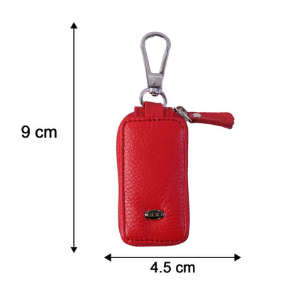 Red PU leather zip car key case with snap hook, view 4