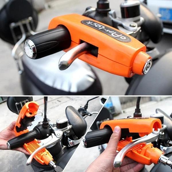 Heavy duty brake lever lock clamped on a scooter handlebar grip