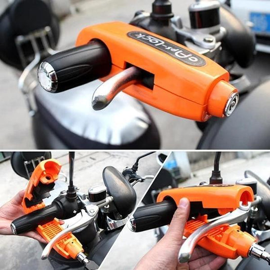 Heavy duty brake lever lock clamped on a scooter handlebar grip