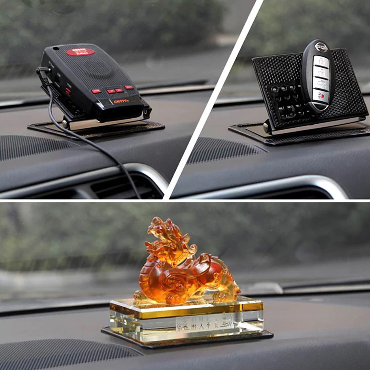 Black anti-slip gel mat on a car dashboard holding a phone and keys, view 4