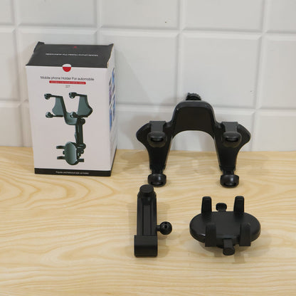 Car phone holder clamped to a rear view mirror holding a smartphone, view 6