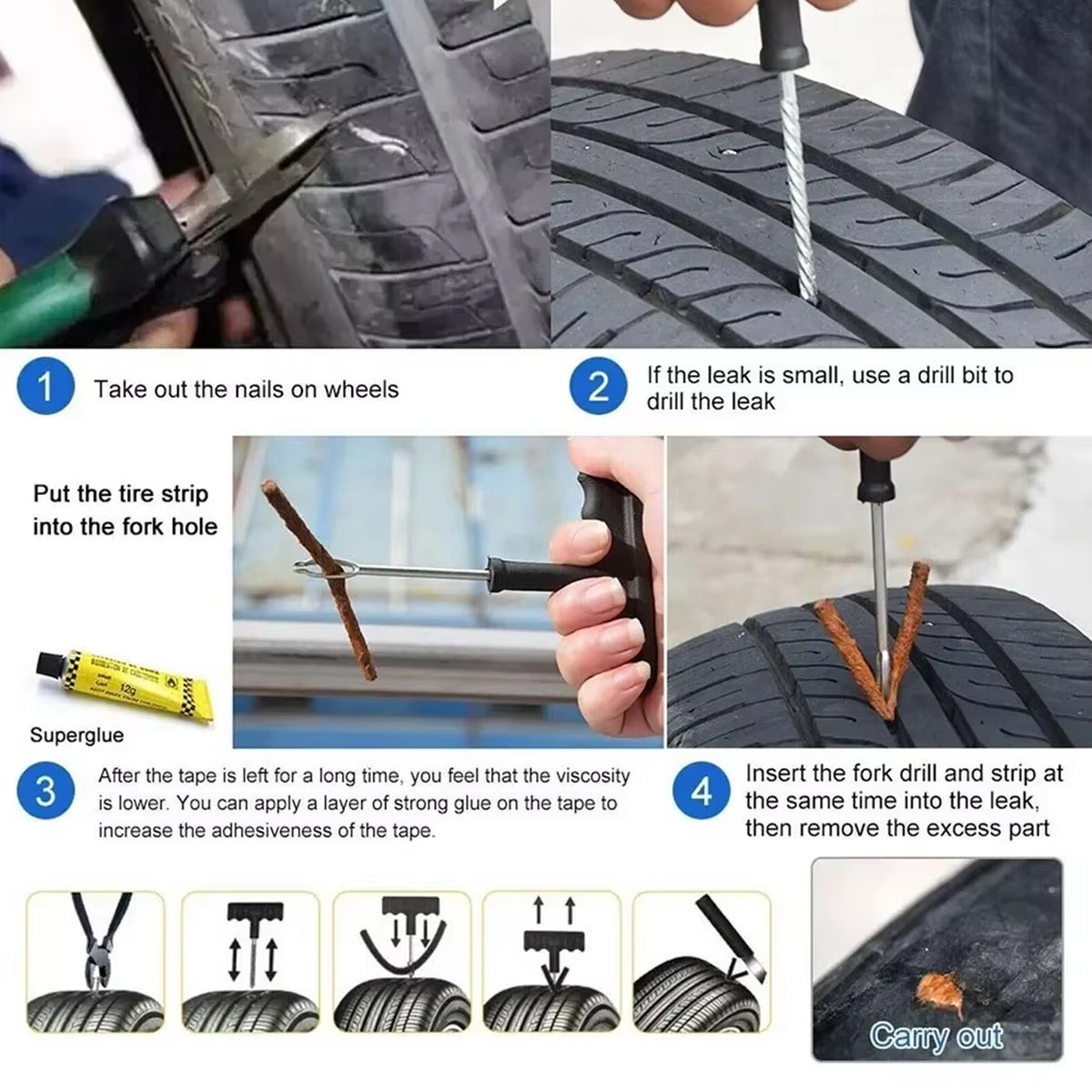 Tyre puncture repair kit with T-handle plugger, rubber solution and seal strips, view 2