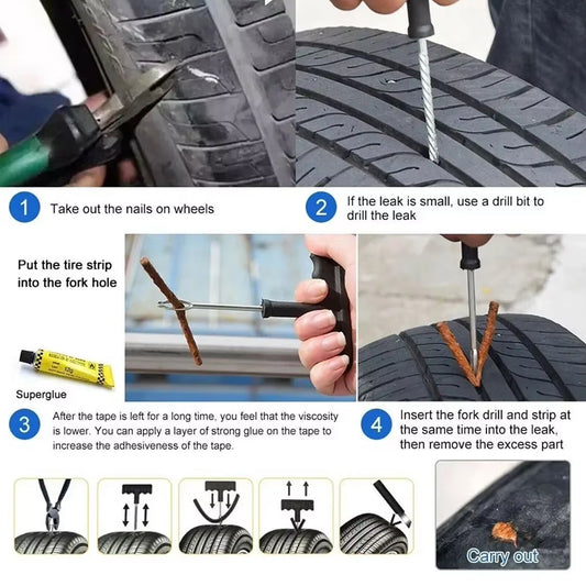 Tyre puncture repair kit with T-handle plugger, rubber solution and seal strips, view 2