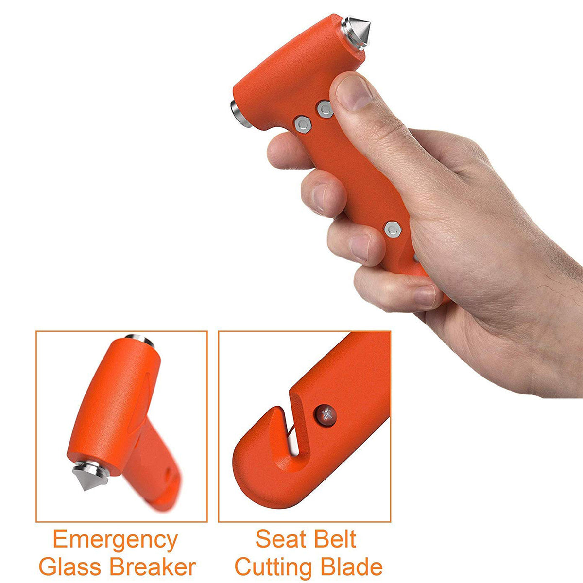 Red car safety hammer with steel heads and seat belt cutter, view 6