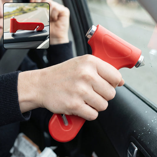 Red 2 in 1 car safety hammer with window breaker and seatbelt cutter