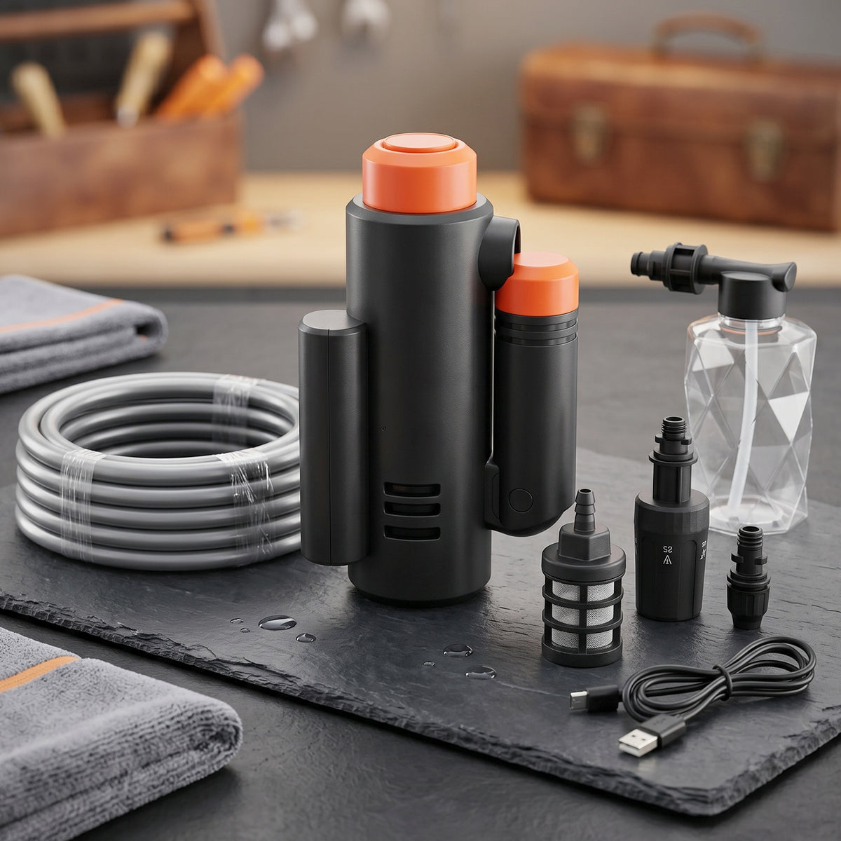 Cordless car washer kit with spray gun, foam bottle, hose and carry case, view 5