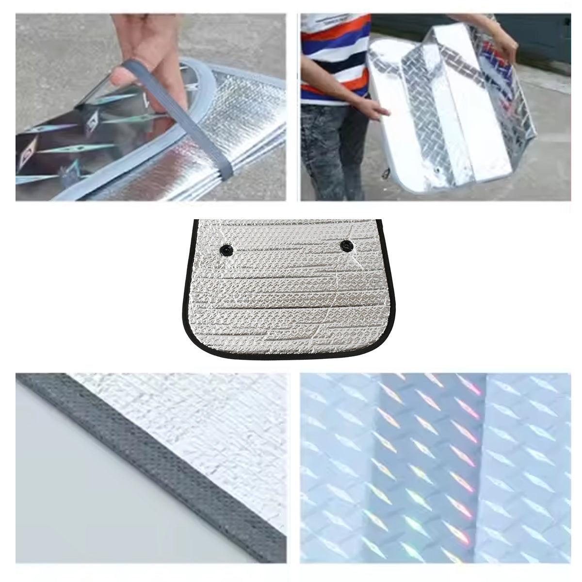 Foldable silver foil sun shade behind a car windshield, view 5