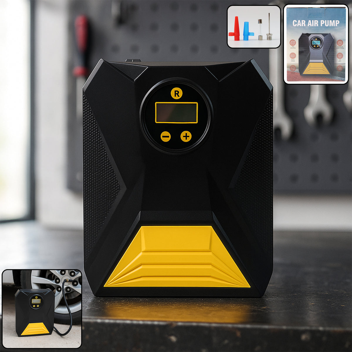 Compact 12V digital tyre inflator with LCD display, hose and nozzles