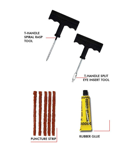 Tubeless tyre puncture repair kit with T-handle tools, pliers, cement and strips in a case, view 3