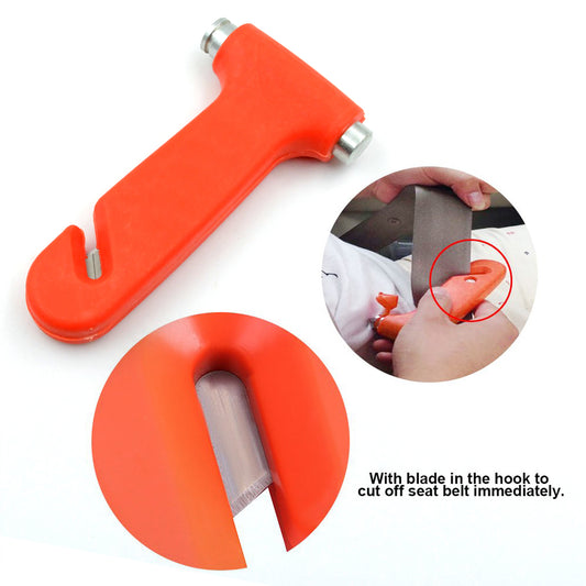 Red car safety hammer with steel heads and seat belt cutter, view 2