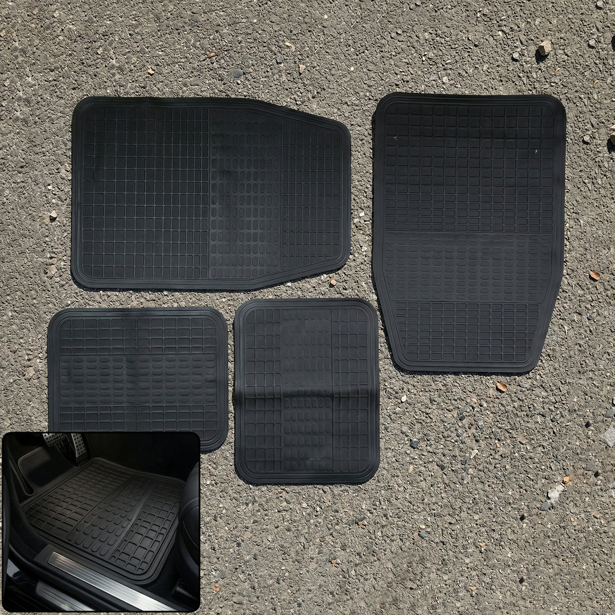 Set of four heavy duty rubber car floor mats with deep grooves