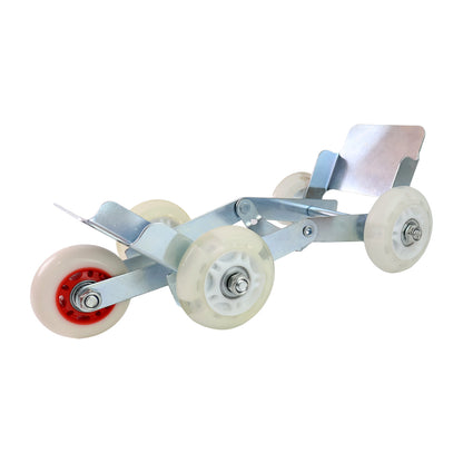 Metal motorcycle front wheel parking roller stand with four nylon wheels, view 4