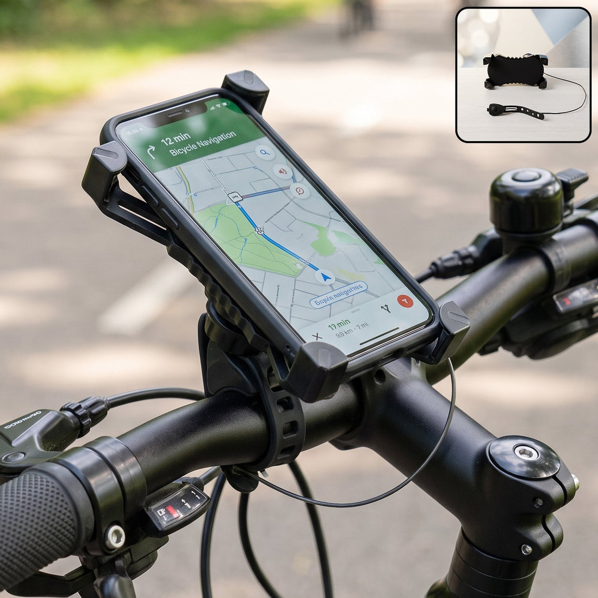 Bicycle handlebar phone holder with built-in horn