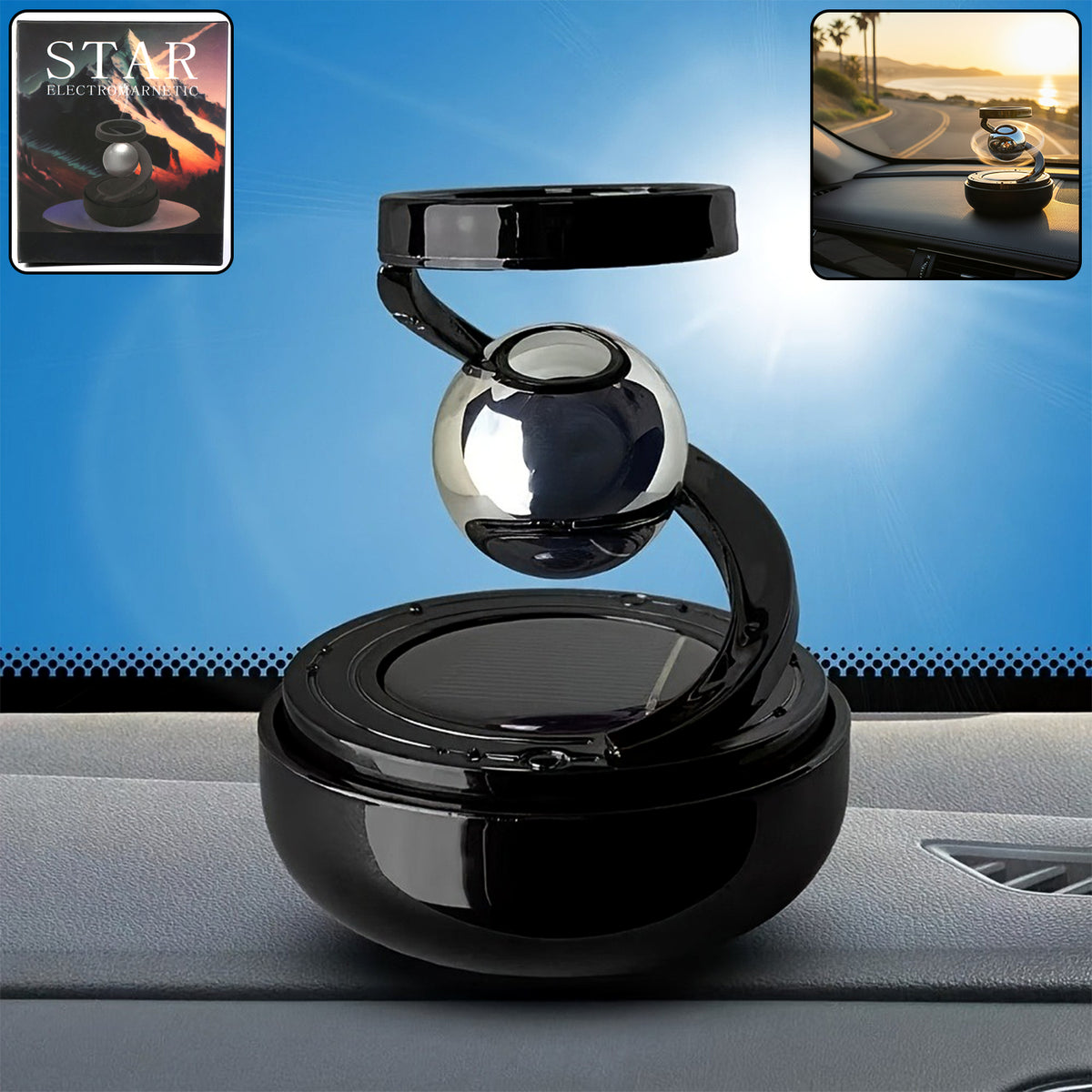 Solar rotating car air freshener with metallic spinning orb on dashboard, view 6