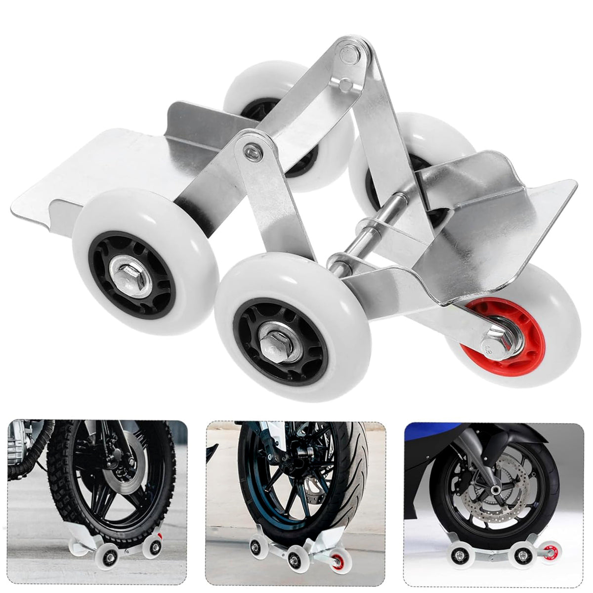 Metal motorcycle front wheel parking roller stand with four nylon wheels, view 5