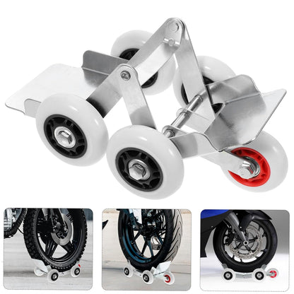 Metal motorcycle front wheel parking roller stand with four nylon wheels, view 5