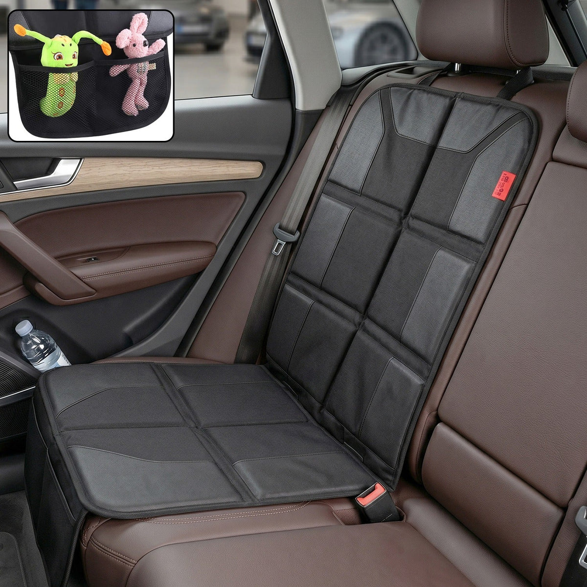 Black waterproof car seat protector mat under a child car seat