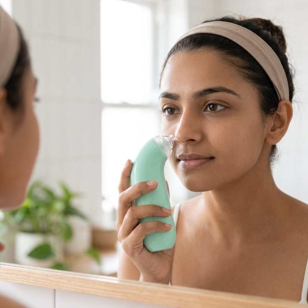 Woman using the mini vacuum pore cleaner on her nose in front of a mirror