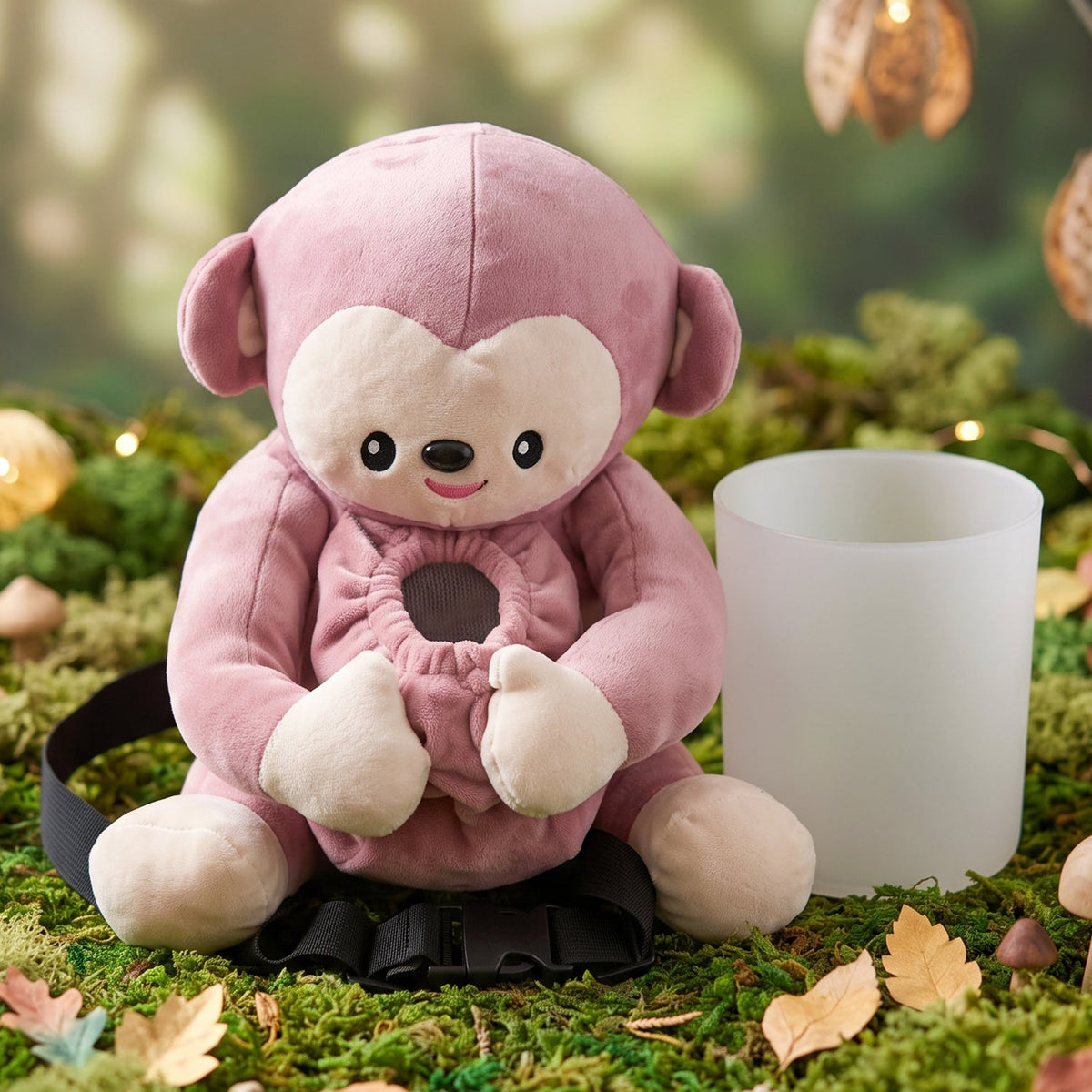 Pink plush monkey car dustbin and tissue holder strapped to a car seat, view 3