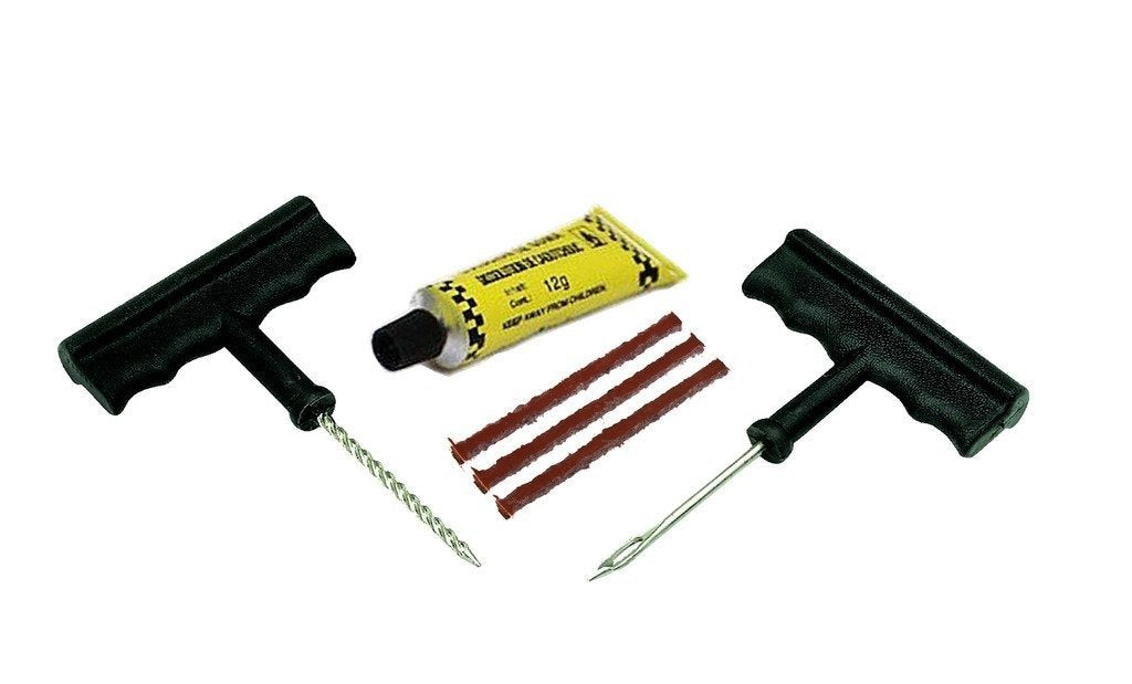 Tubeless tyre puncture repair kit with pliers, rubber cement and strips