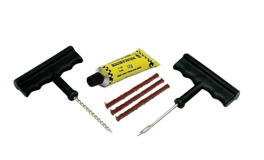 Tubeless tyre puncture repair kit with pliers, rubber cement and strips