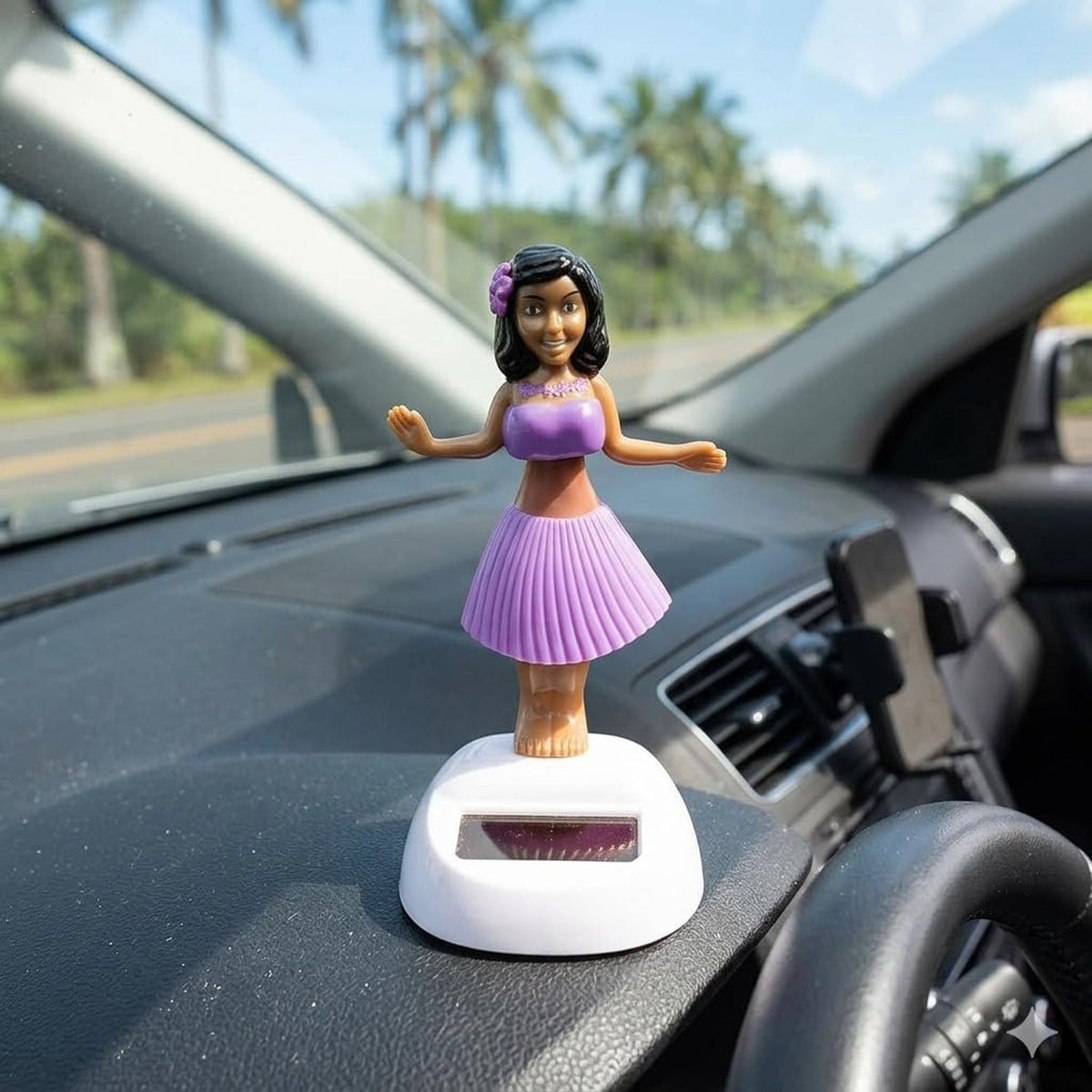 Solar powered dancing hula girl doll in purple dress on car dashboard, view 5