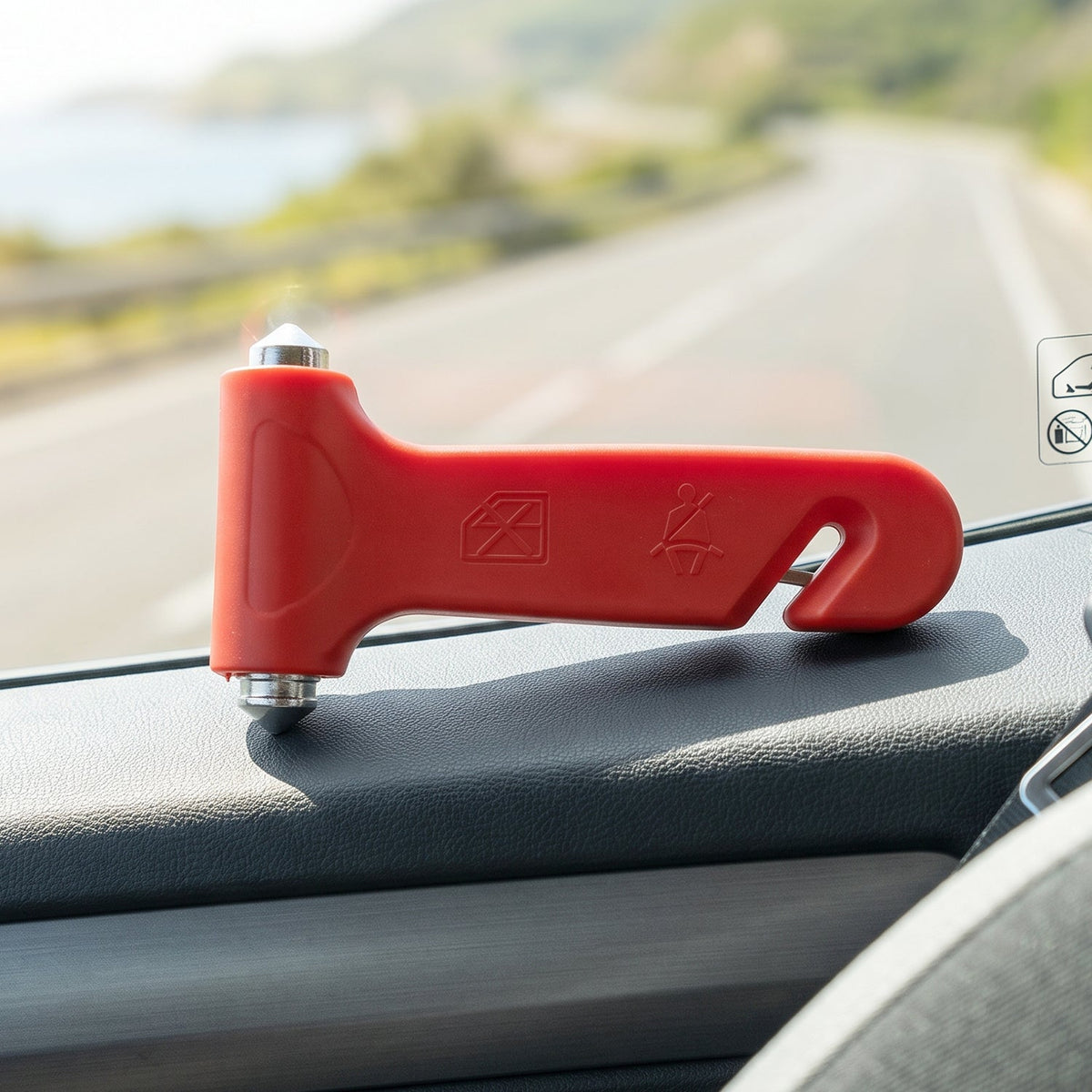 Red 2 in 1 car safety hammer with window breaker and seatbelt cutter, view 5