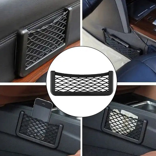 Stick-on mesh storage pocket holding a phone on a car seat side, view 2