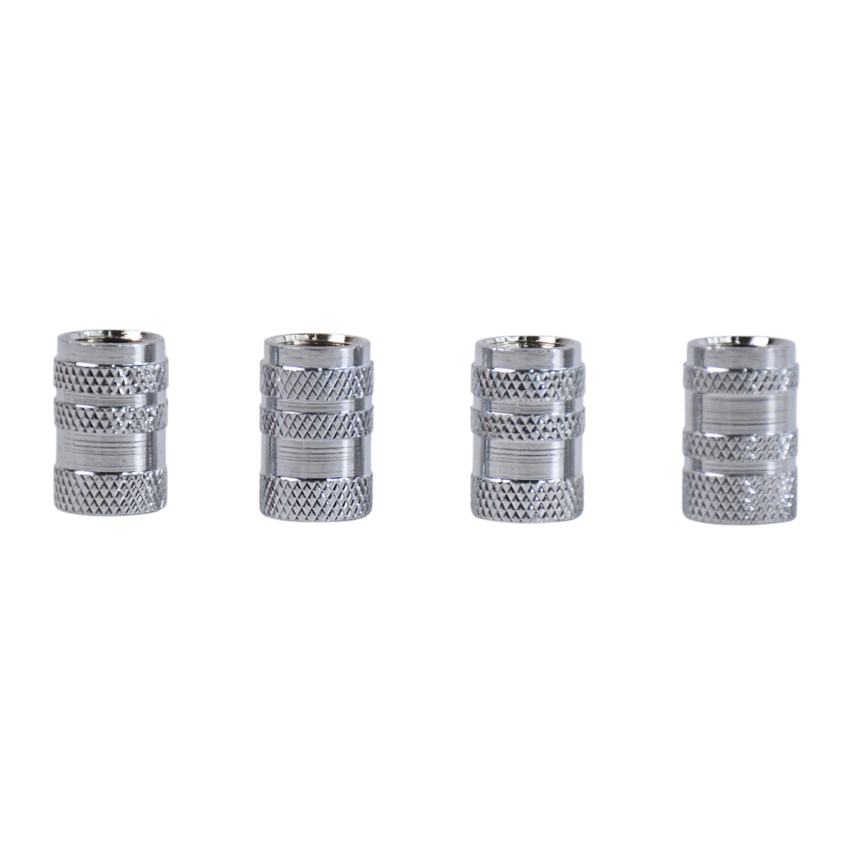 Set of four silver aluminium tyre valve caps, view 2